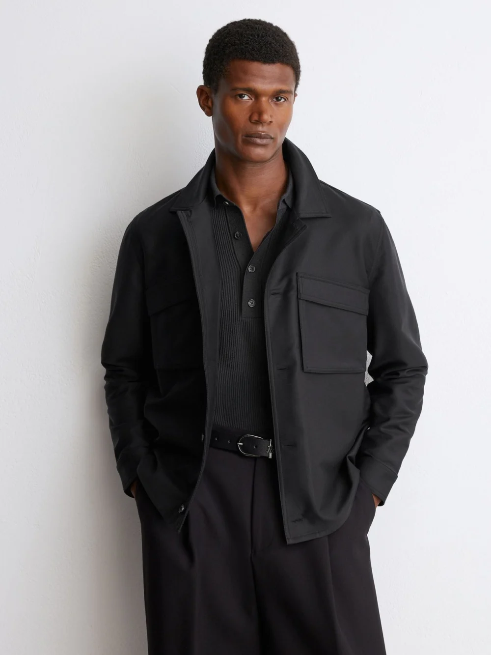 Reiss Black Cotton-blend Twill Twin-pocket Overshirt