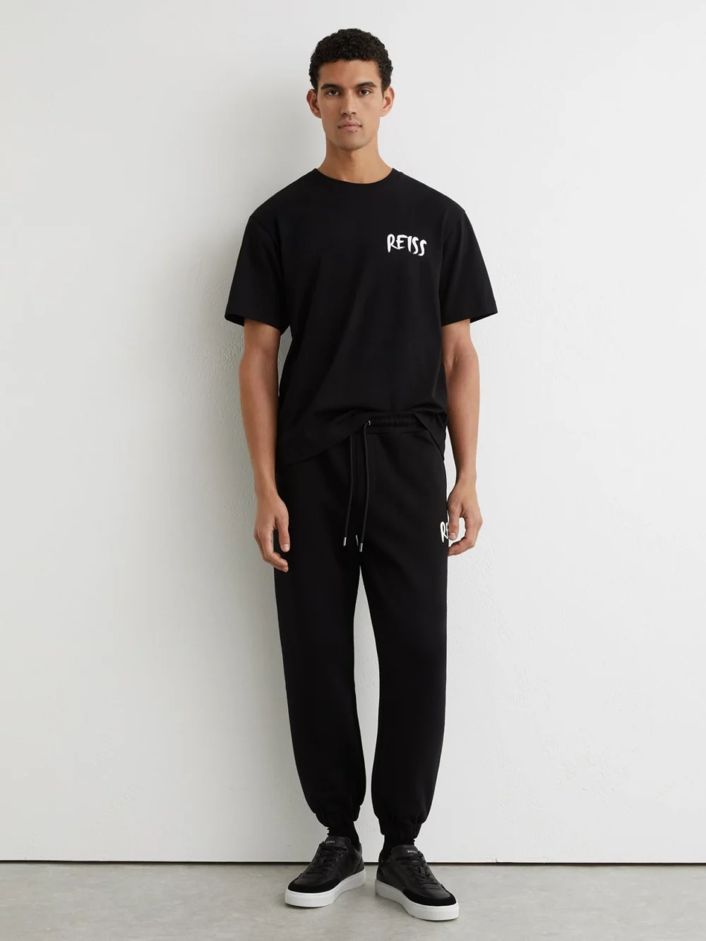 Reiss Black Cotton Logo-print Cuffed Joggers