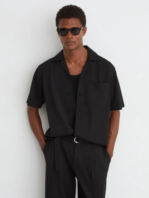 Reiss Black Cuban-collar Short-sleeve Shirt