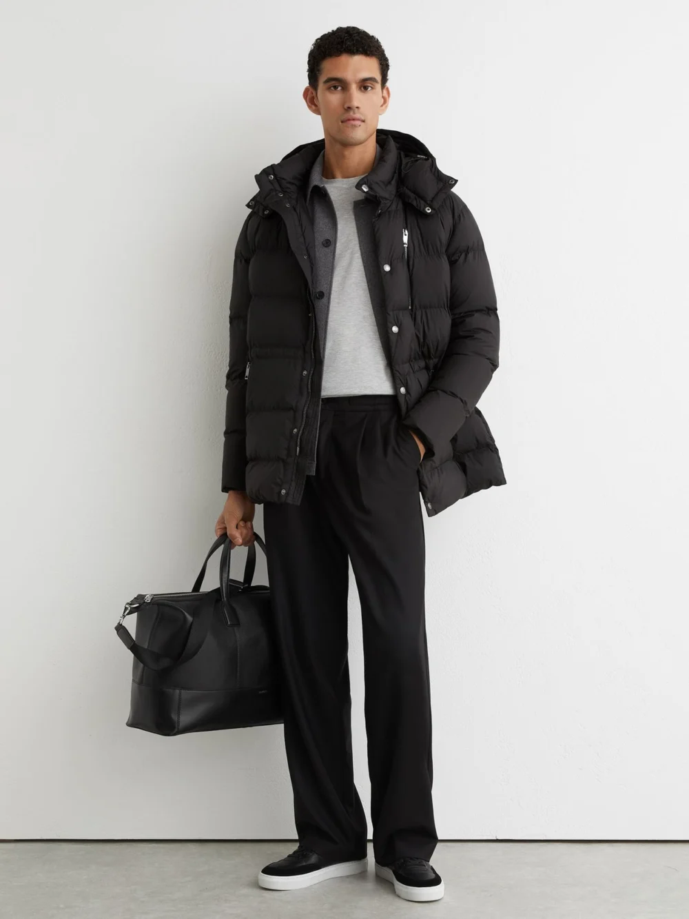 Reiss Black Detachable-hood Quilted Puffer Coat, view 3