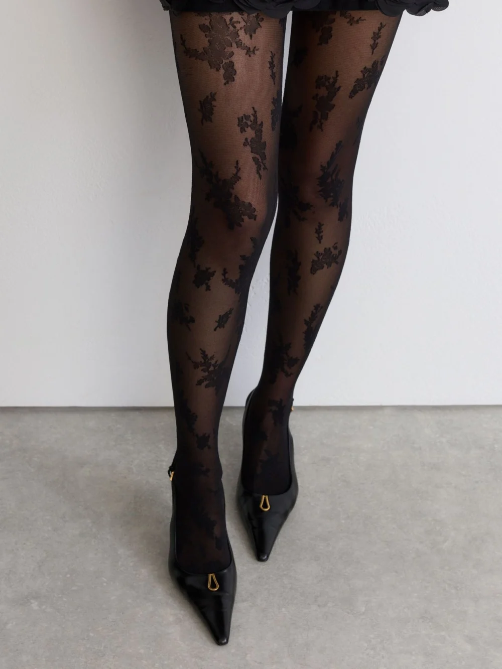 Reiss Black Floral Patterned Sheer Tights, view 4