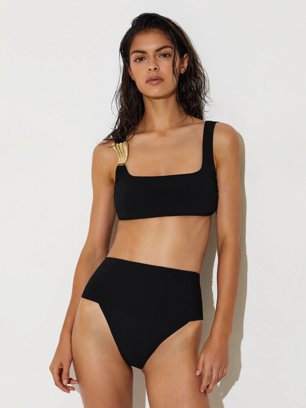 Reiss Black Hardware-detail Square-neck Bikini Top, view 4