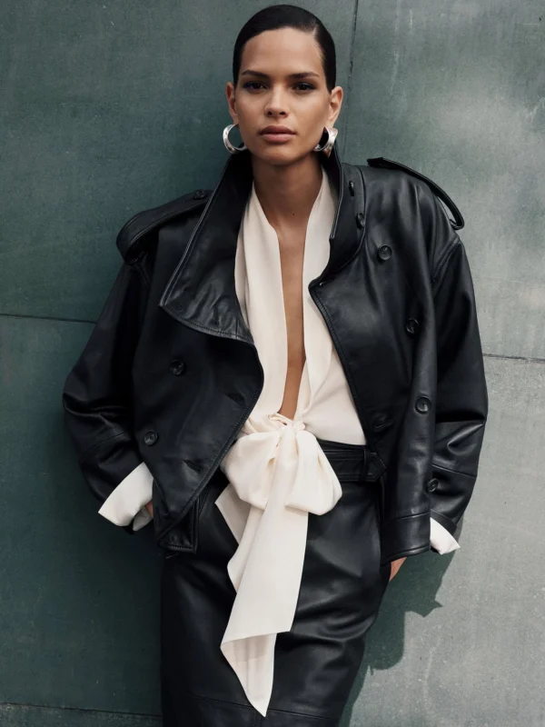 Reiss Black Leather Belted Double-breasted Jacket