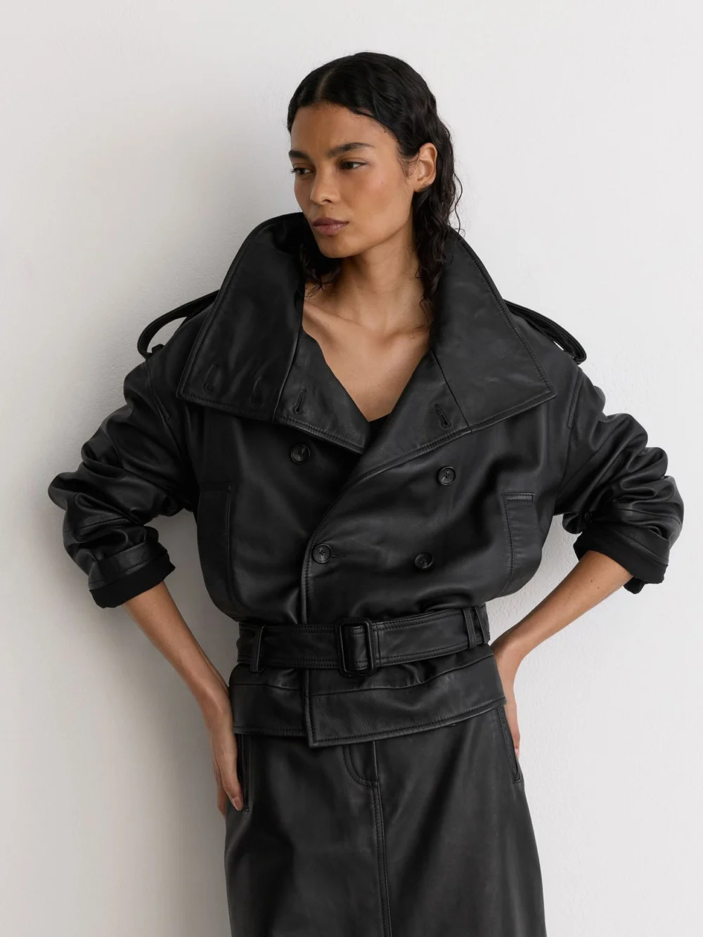 Reiss Black Leather Belted Double-breasted Jacket, view 3