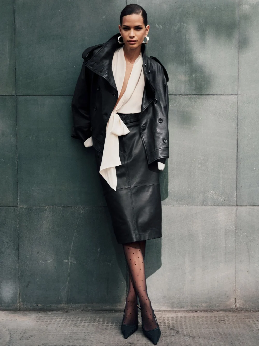 Reiss Black Leather Belted Midi Pencil Skirt