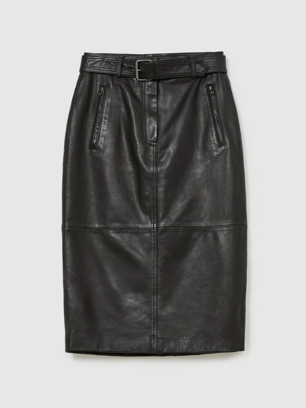 Reiss Black Leather Belted Midi Pencil Skirt, view 2