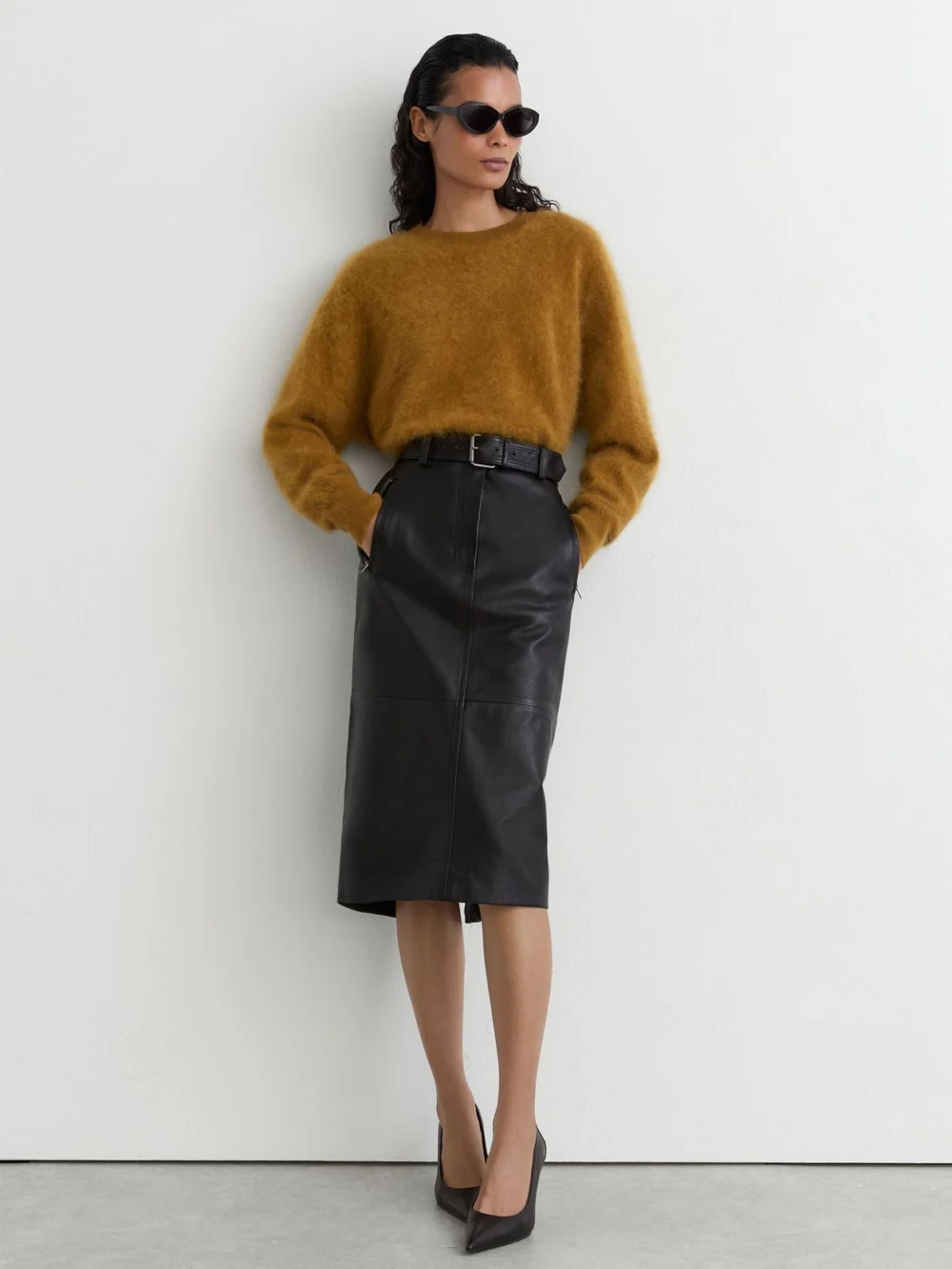 Reiss Black Leather Belted Midi Pencil Skirt, view 3