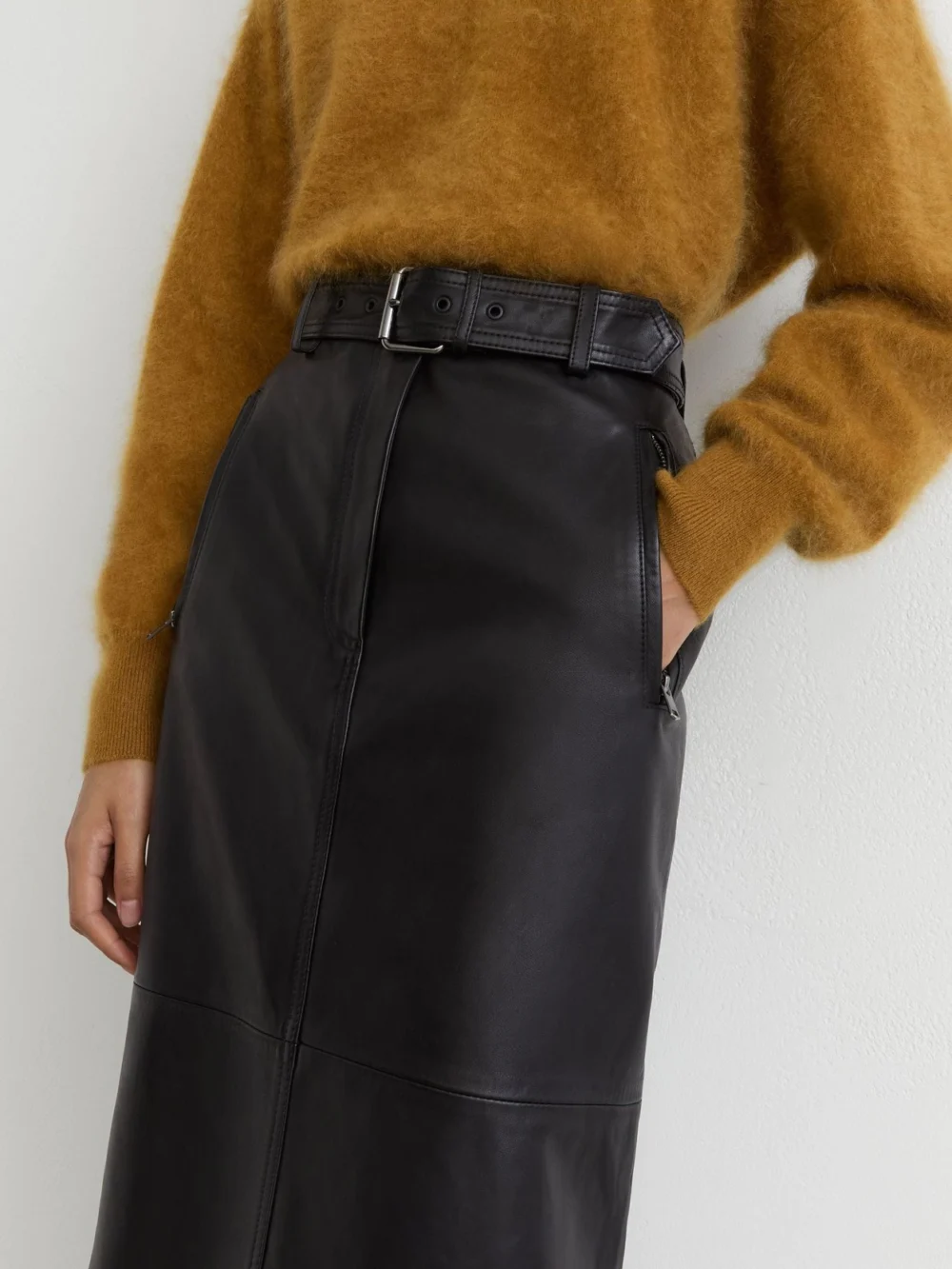 Reiss Black Leather Belted Midi Pencil Skirt, view 4