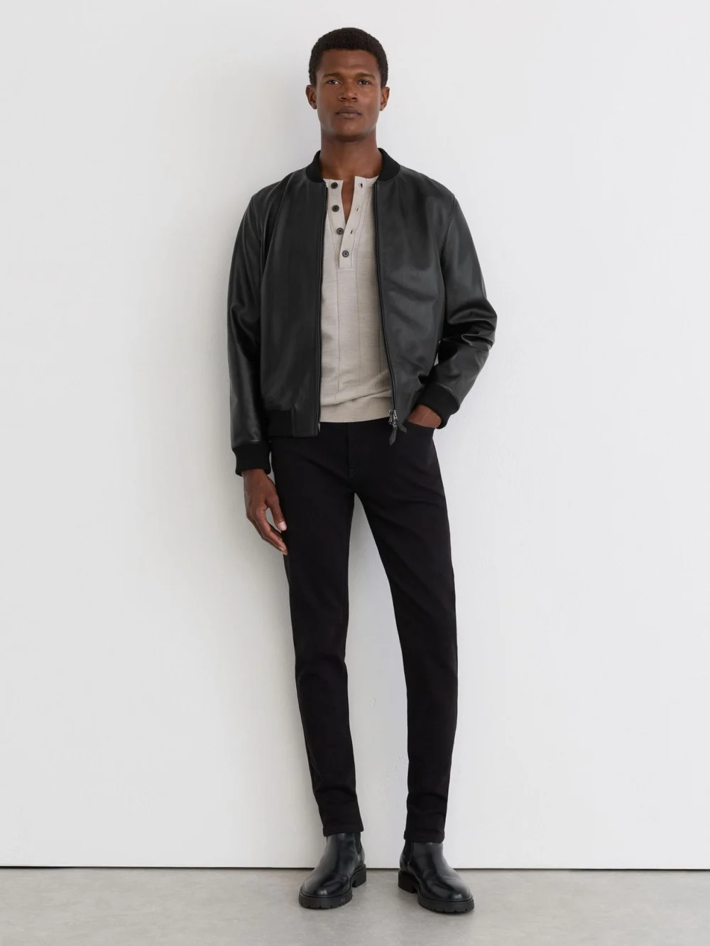 Reiss Black Leather Bomber Jacket, view 4