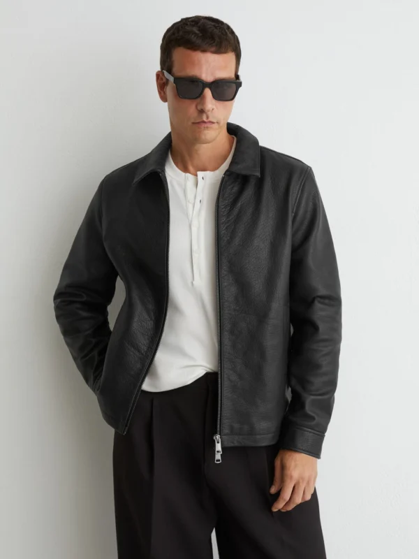 Reiss Black Leather Collared Zip-through Jacket