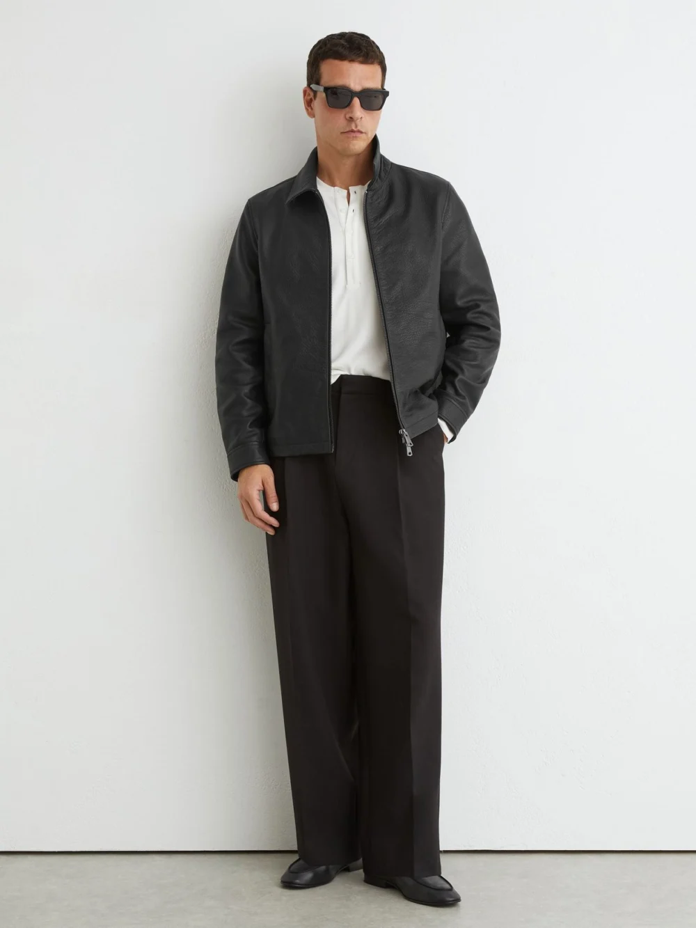 Reiss Black Leather Collared Zip-through Jacket, view 3