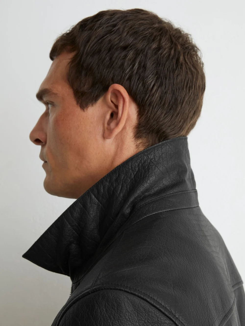 Reiss Black Leather Collared Zip-through Jacket, view 4