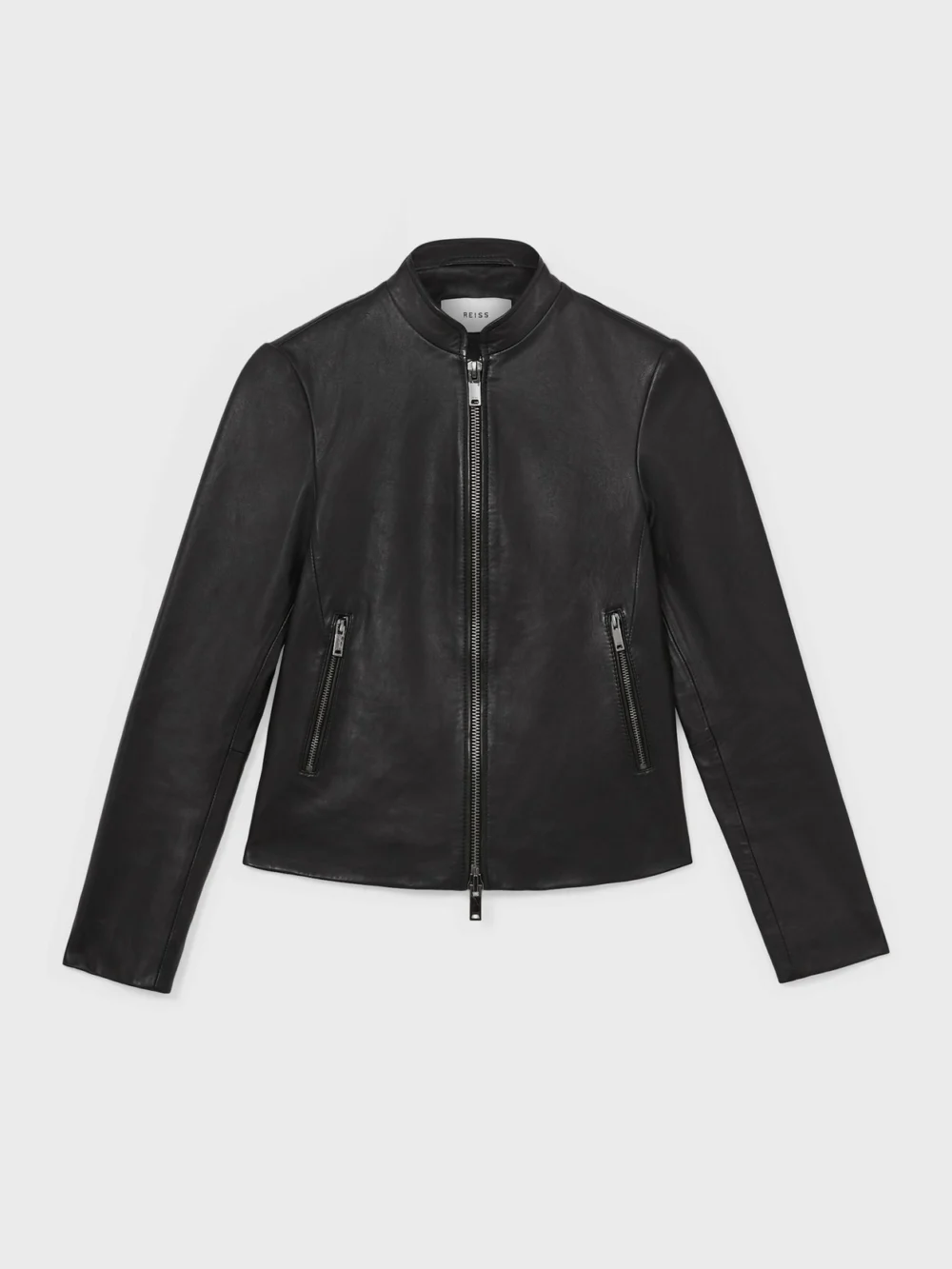 Reiss Black Leather Collarless Biker Jacket, view 2