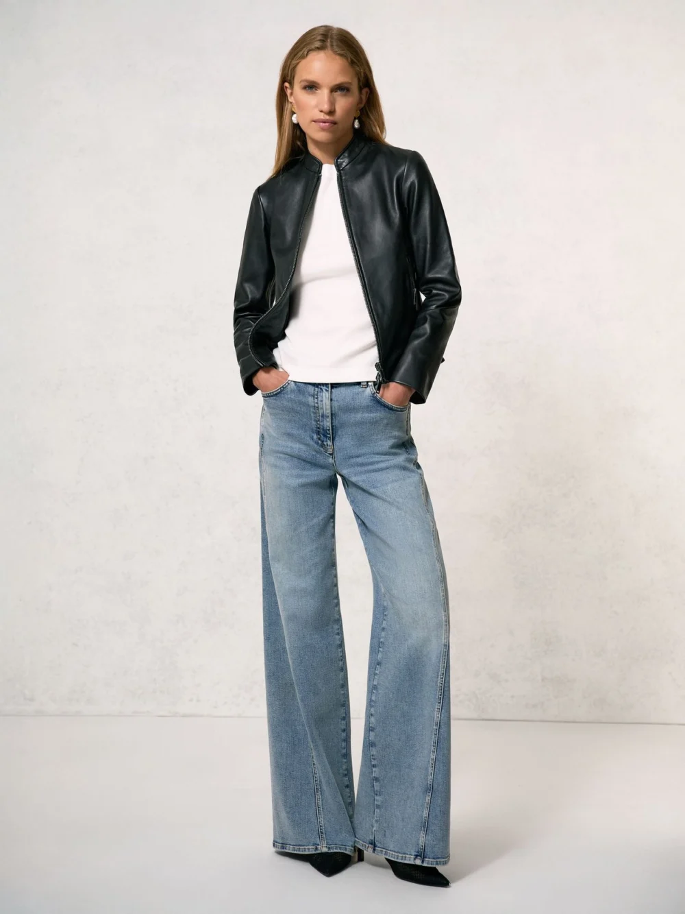 Reiss Black Leather Collarless Biker Jacket, view 3