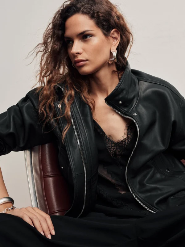 Reiss Black Leather Funnel-neck Bomber Jacket
