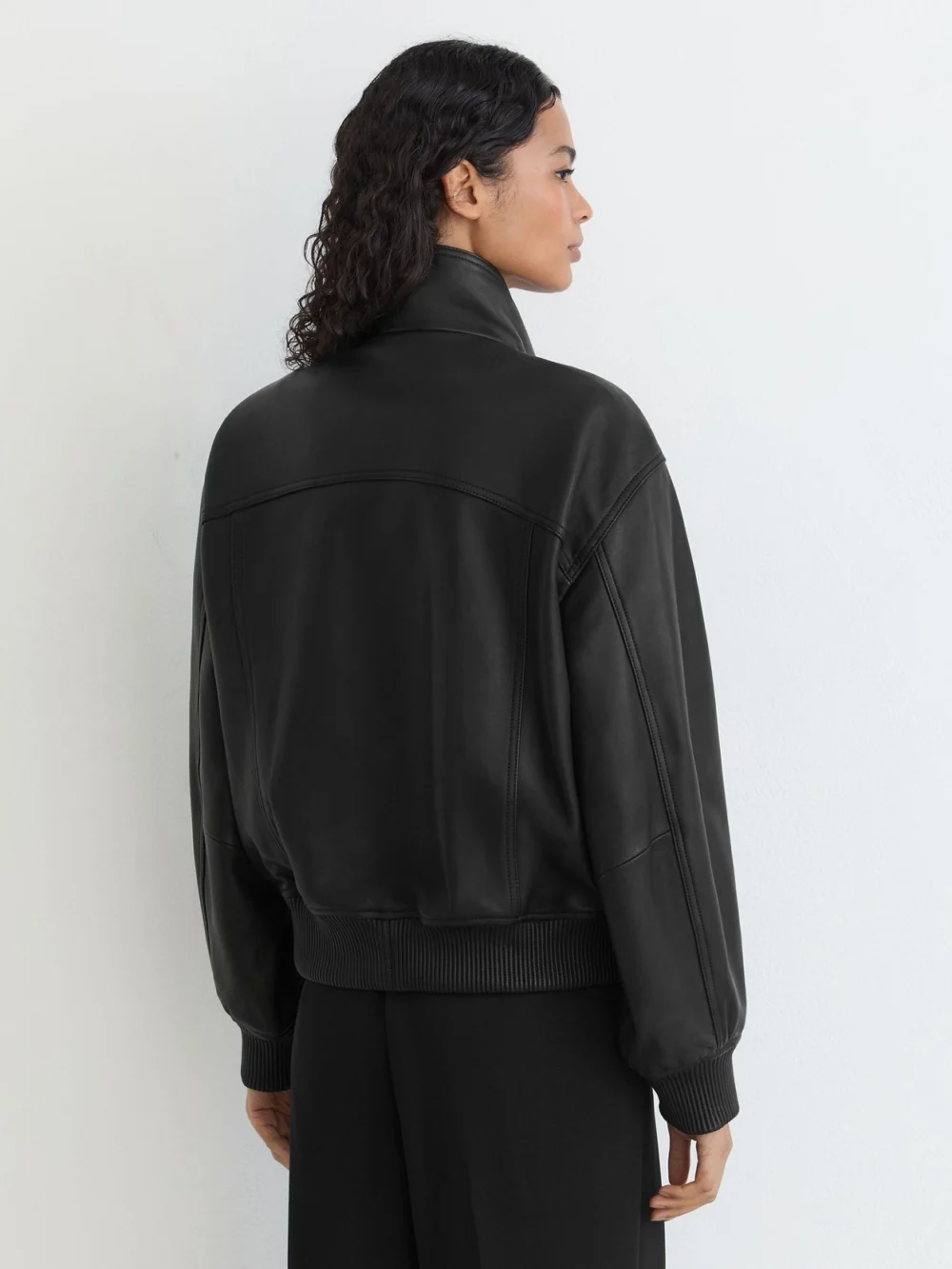 Reiss Black Leather Funnel-neck Bomber Jacket, view 2