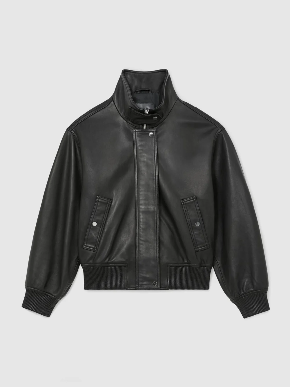 Reiss Black Leather Funnel-neck Bomber Jacket, view 4