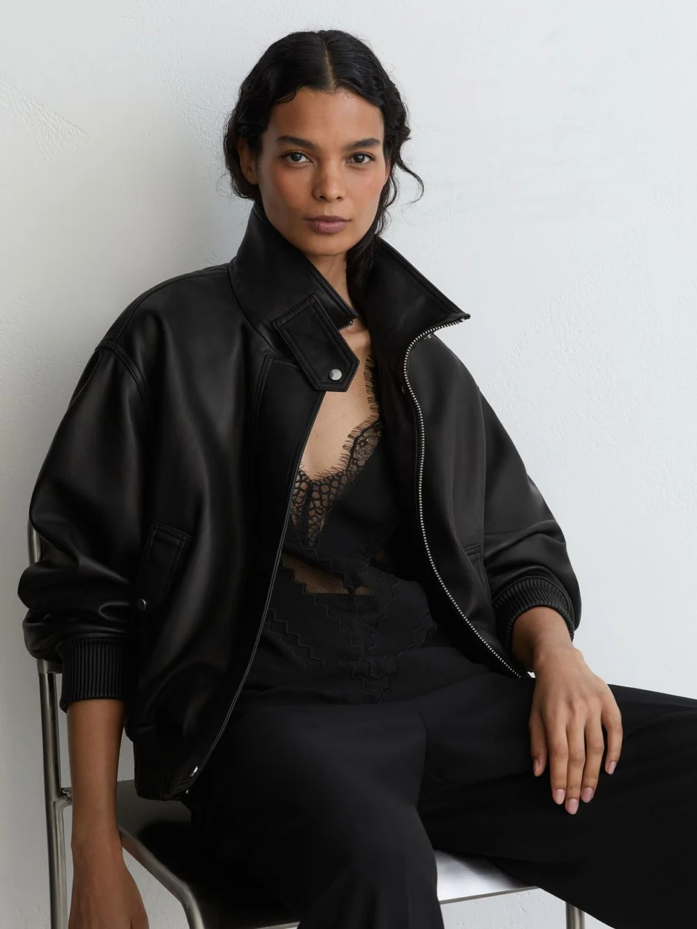 Reiss Black Leather Funnel-neck Bomber Jacket, view 5