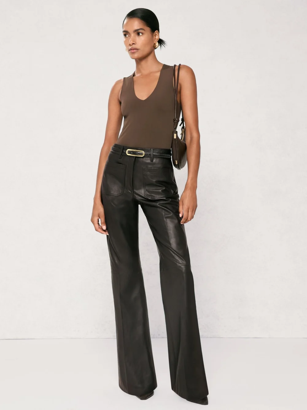 Reiss Black Leather Patch-pocket Flared Trousers