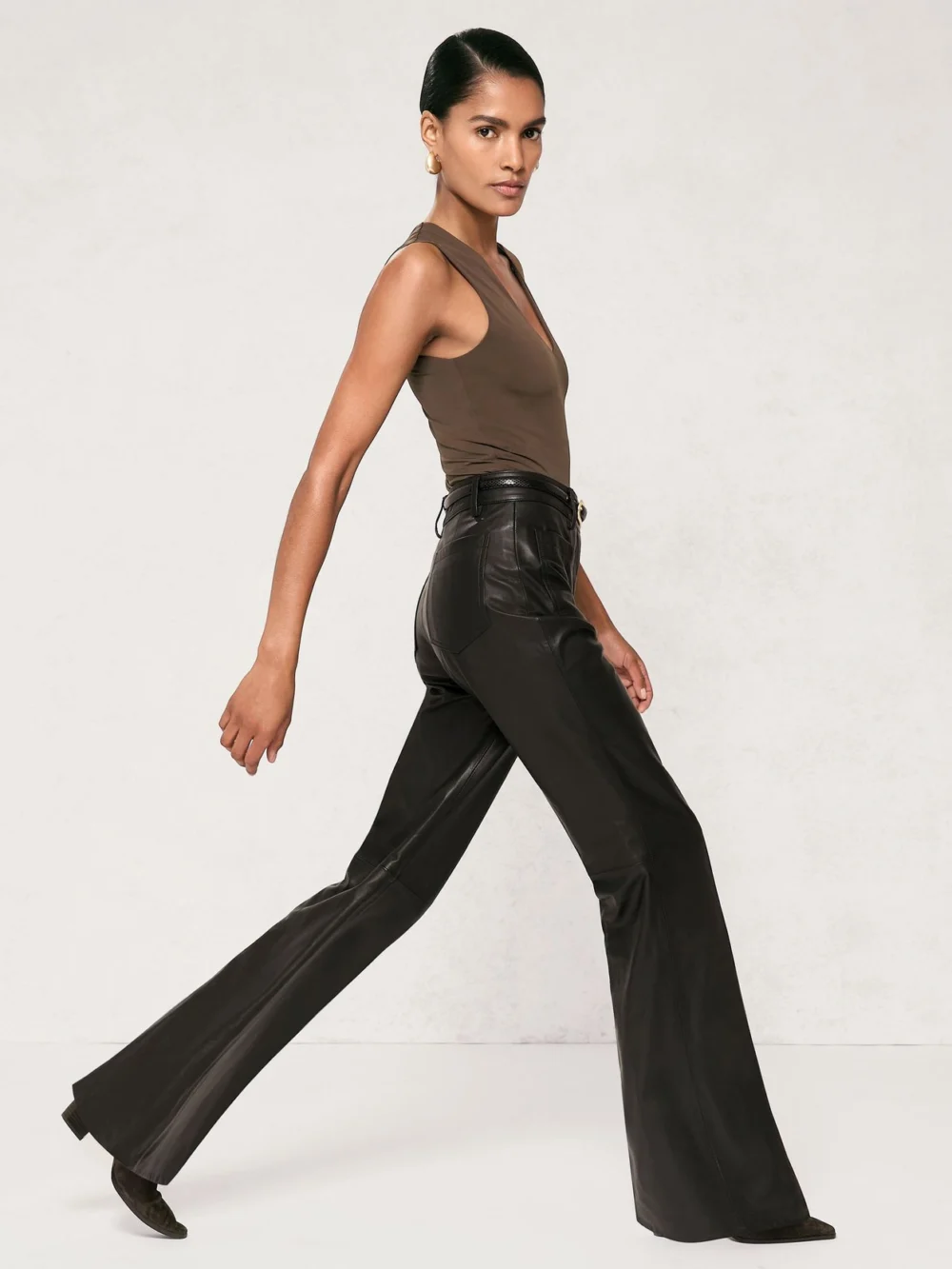 Reiss Black Leather Patch-pocket Flared Trousers, view 5