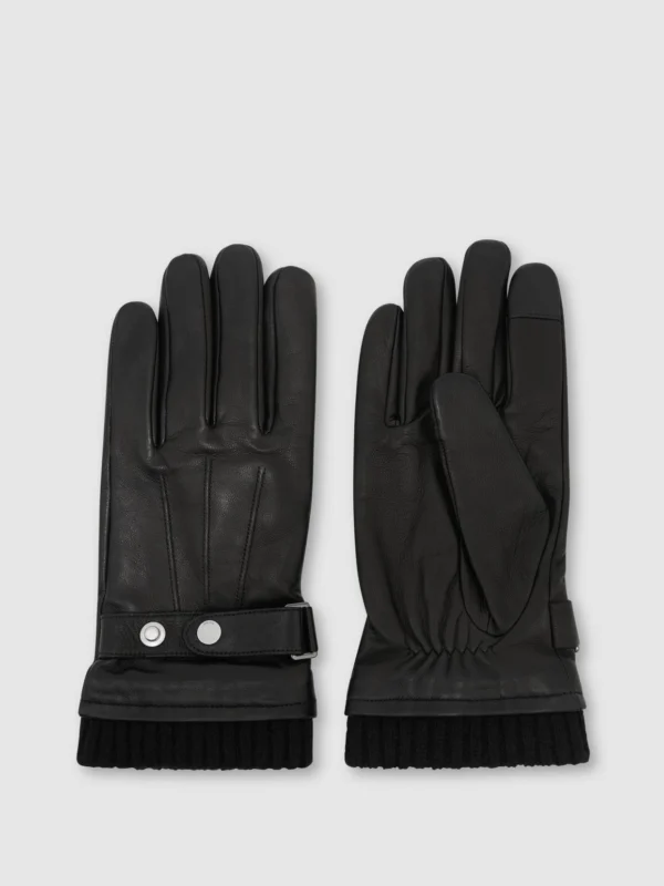 Reiss Black Leather Ribbed-cuff Gloves