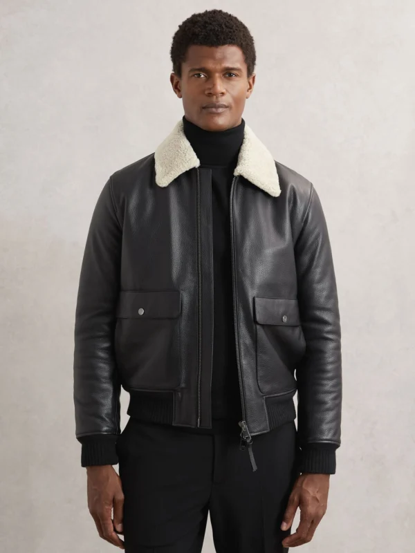 Reiss Black Leather Shearling-collar Bomber Jacket