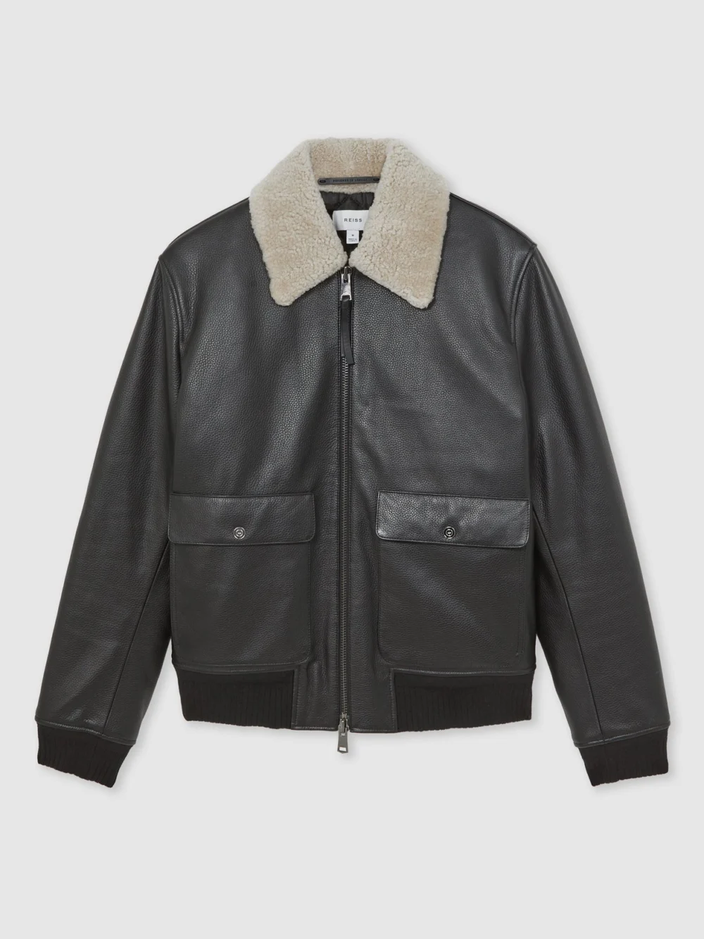 Reiss Black Leather Shearling-collar Bomber Jacket, view 2