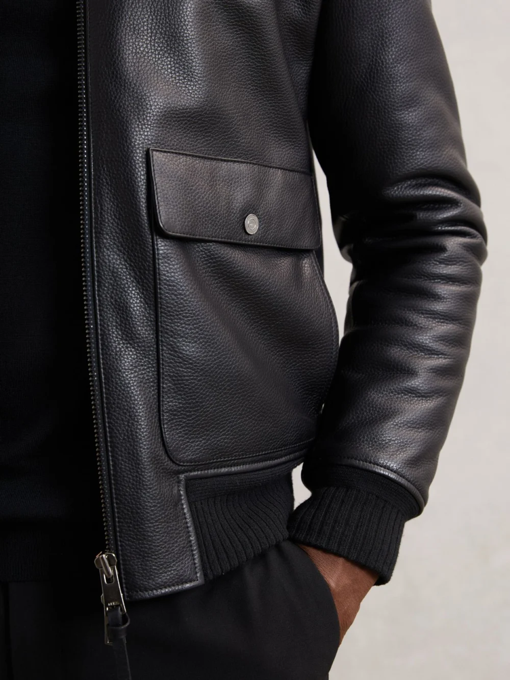 Reiss Black Leather Shearling-collar Bomber Jacket, view 4