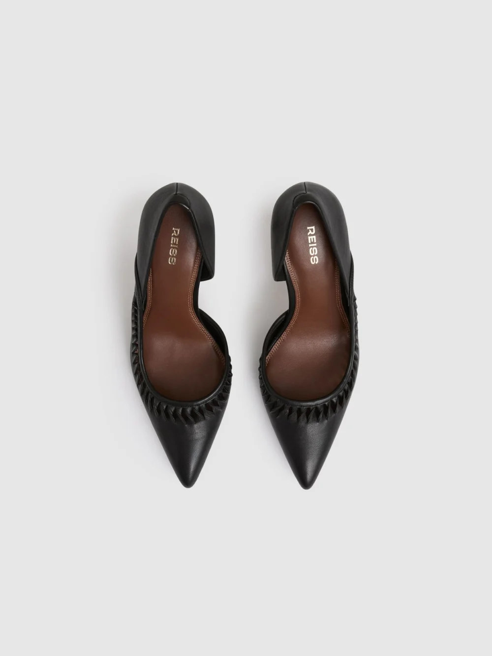 Reiss Black Leather Twist Detail Court Shoes, view 3