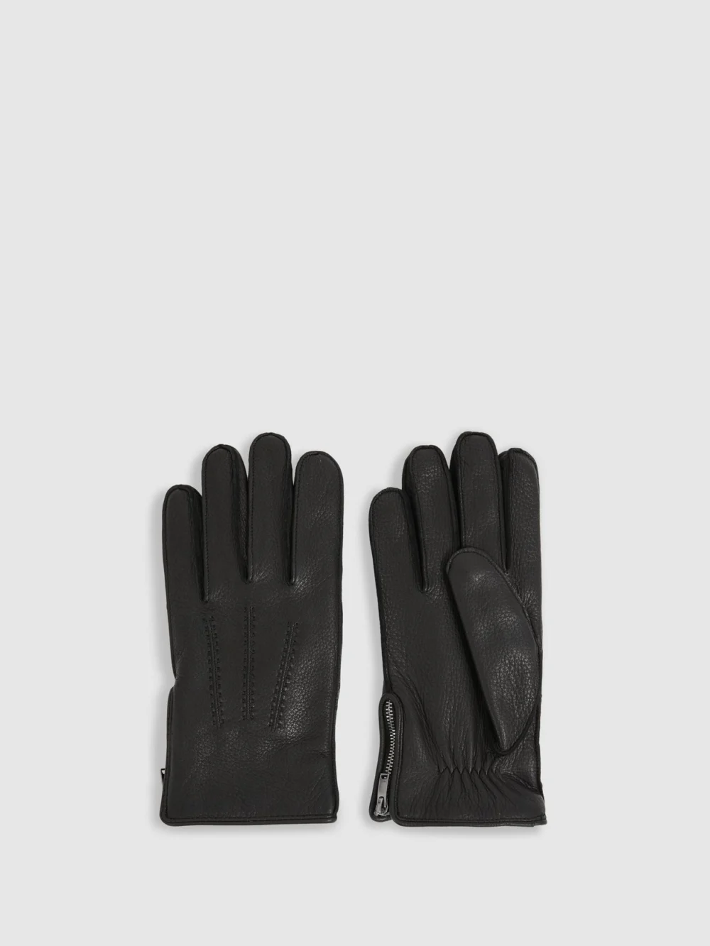 Reiss Black Leather Zip-side Gloves