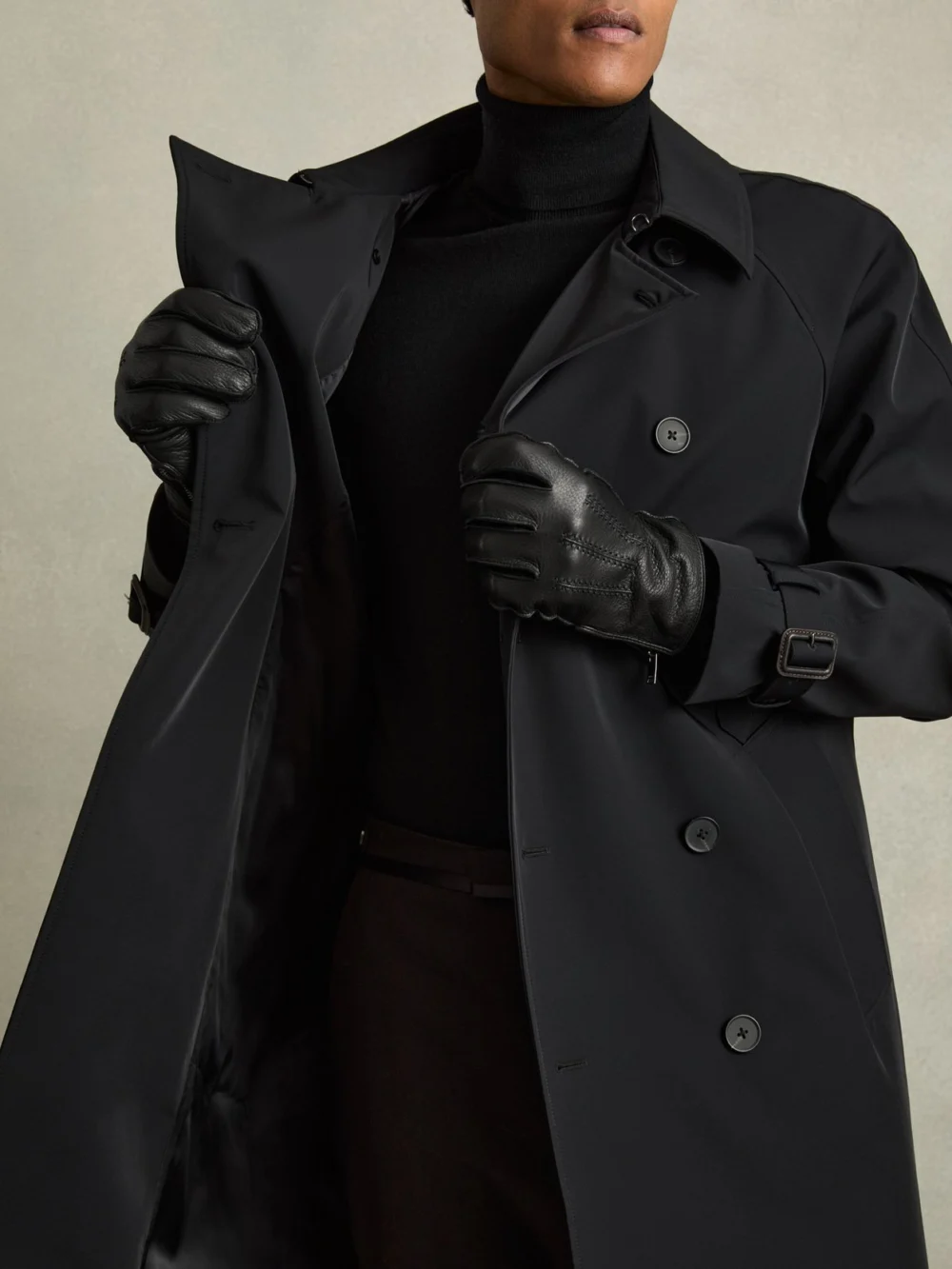 Reiss Black Leather Zip-side Gloves, view 2