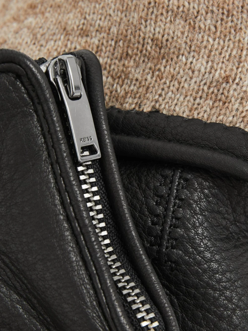 Reiss Black Leather Zip-side Gloves, view 3