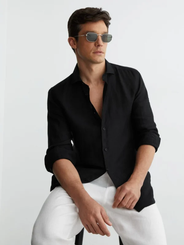 Reiss Black Linen Button-through Shirt