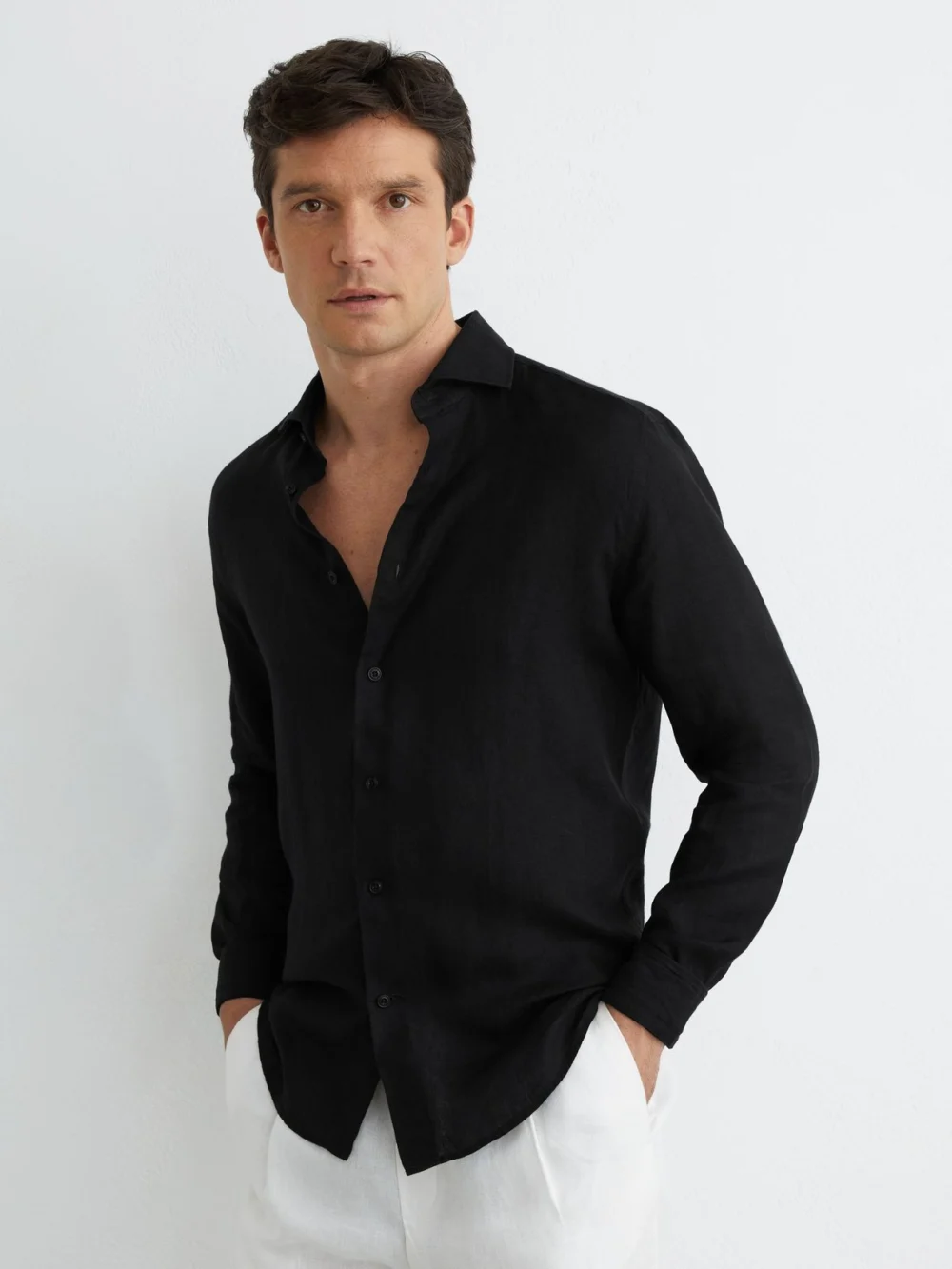 Reiss Black Linen Button-through Shirt, view 3