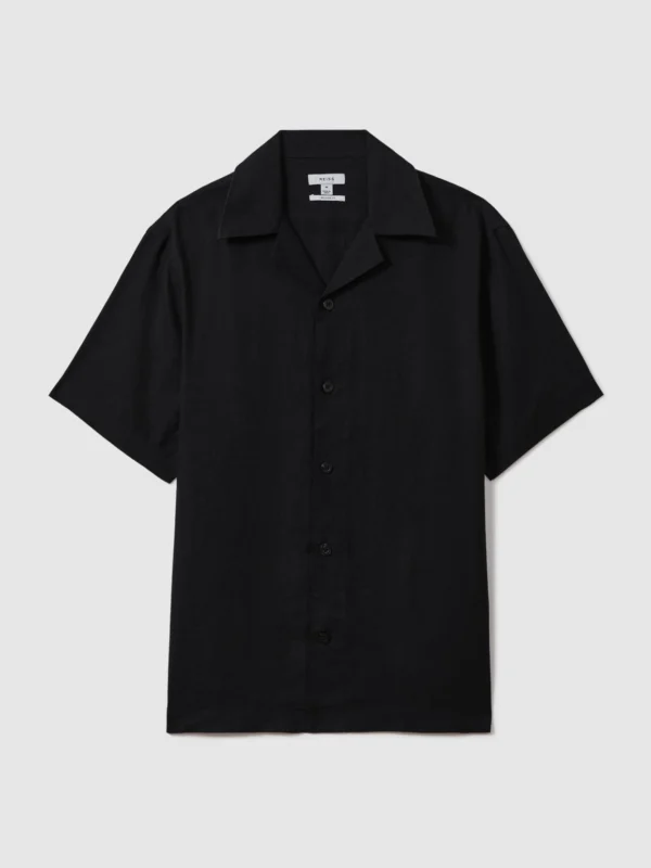 Reiss Black Linen Cuban-collar Shirt