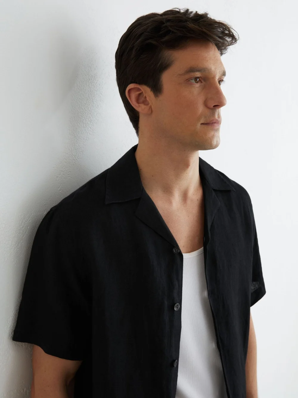 Reiss Black Linen Cuban-collar Shirt, view 4