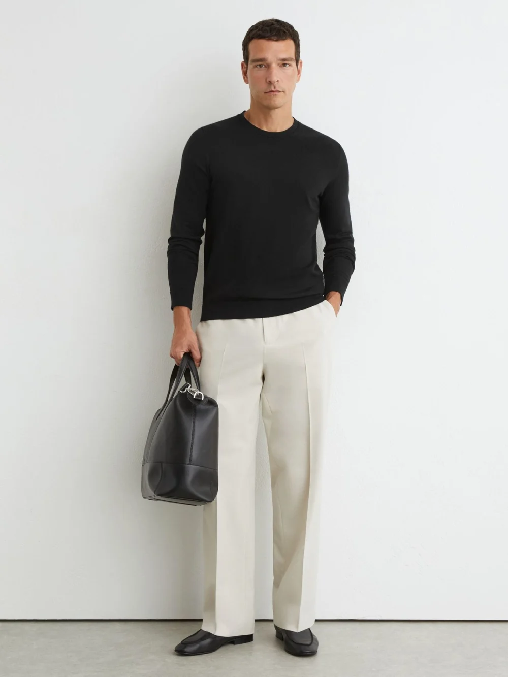 Reiss Black Merino Wool Crew-neck Jumper, view 3