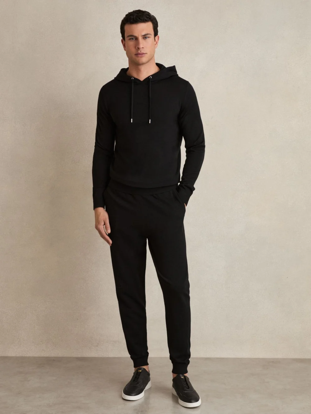 Reiss Black Merino Wool Drawstring Hoodie