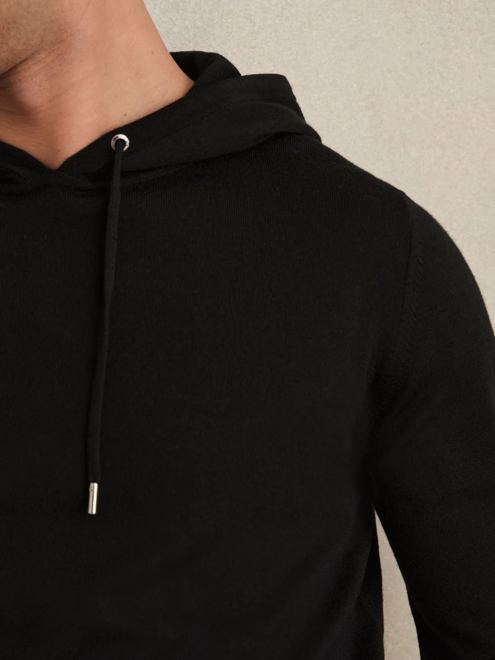 Reiss Black Merino Wool Drawstring Hoodie, view 2