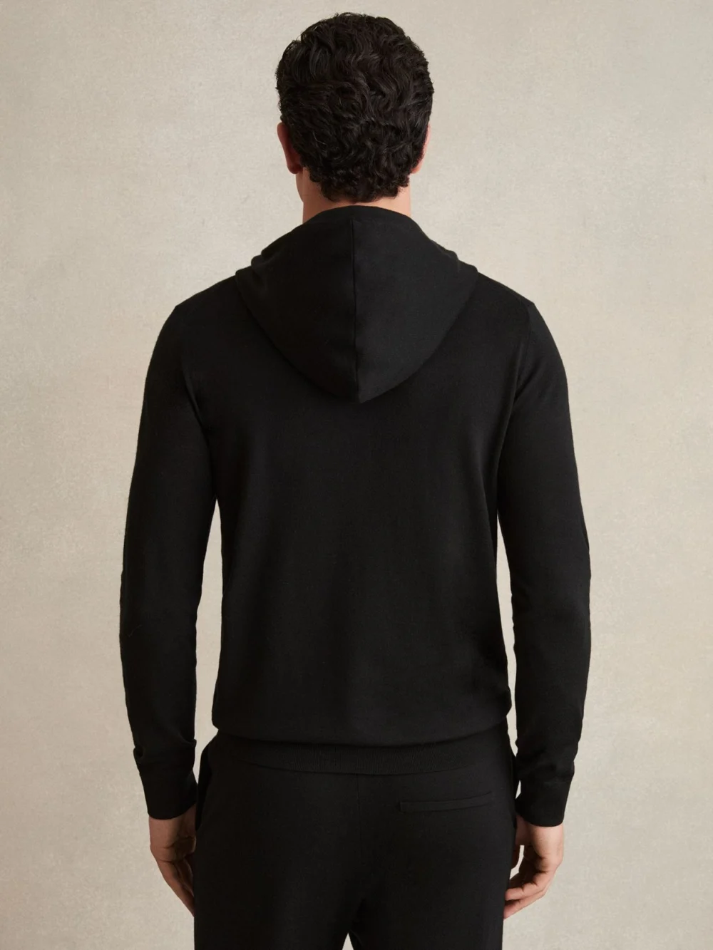 Reiss Black Merino Wool Drawstring Hoodie, view 3