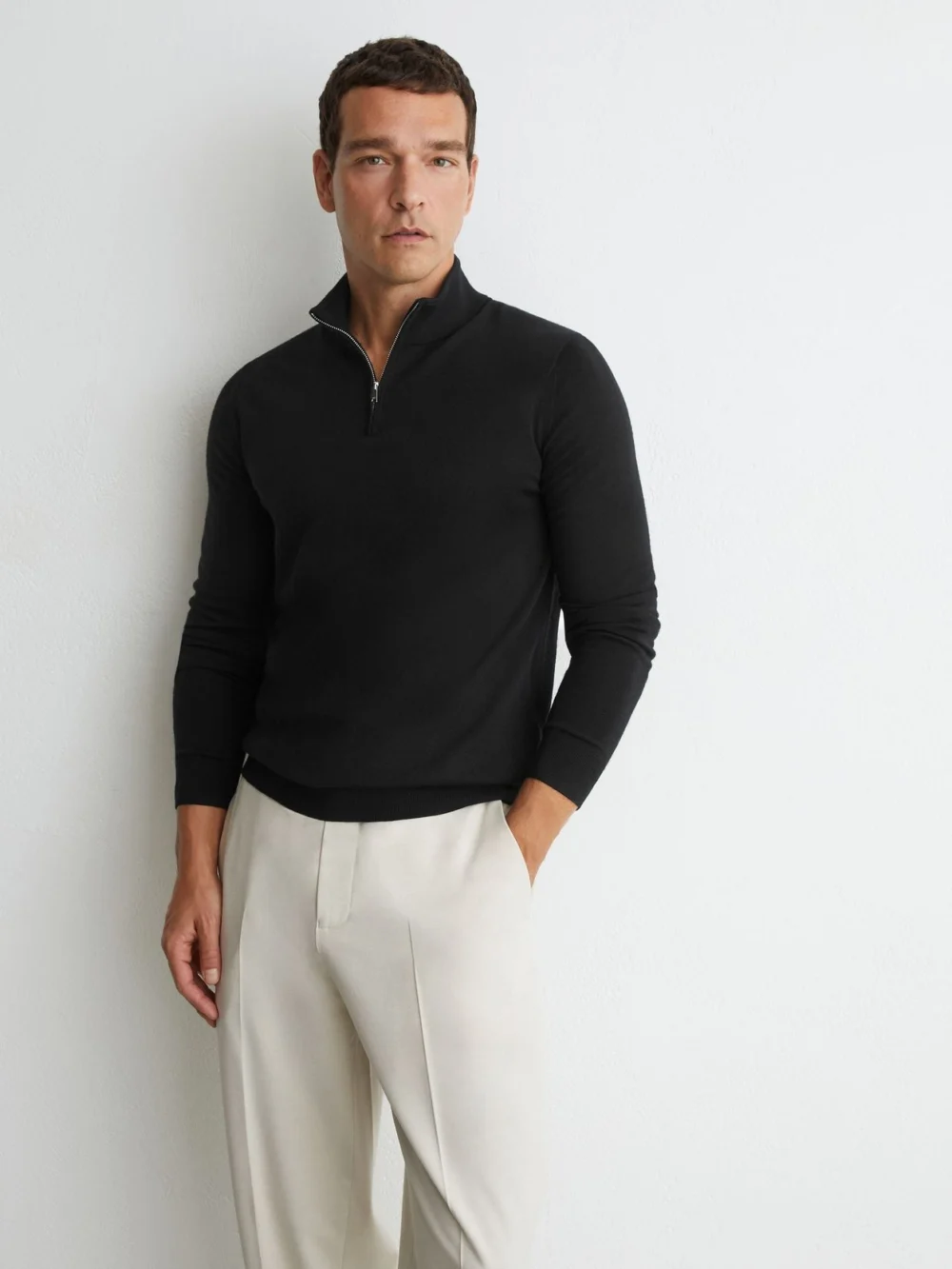 Reiss Black Merino Wool Half-zip Jumper