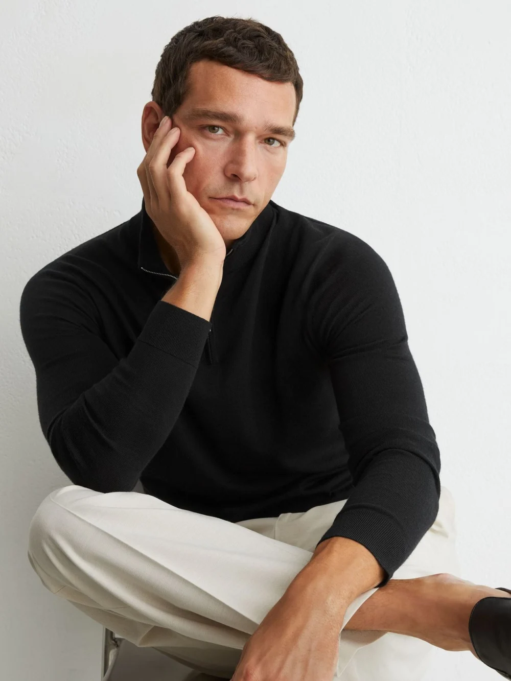 Reiss Black Merino Wool Half-zip Jumper, view 3