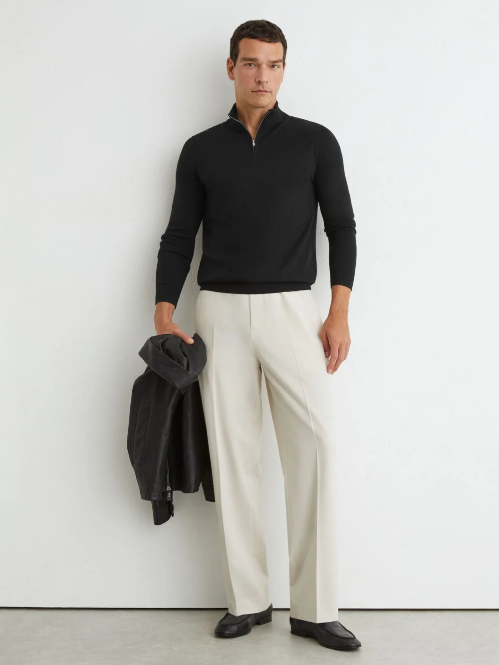 Reiss Black Merino Wool Half-zip Jumper, view 4