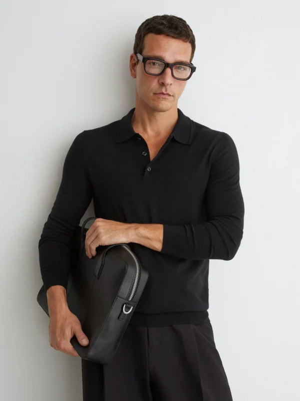 Reiss Black Merino Wool Long-sleeve Polo Shirt