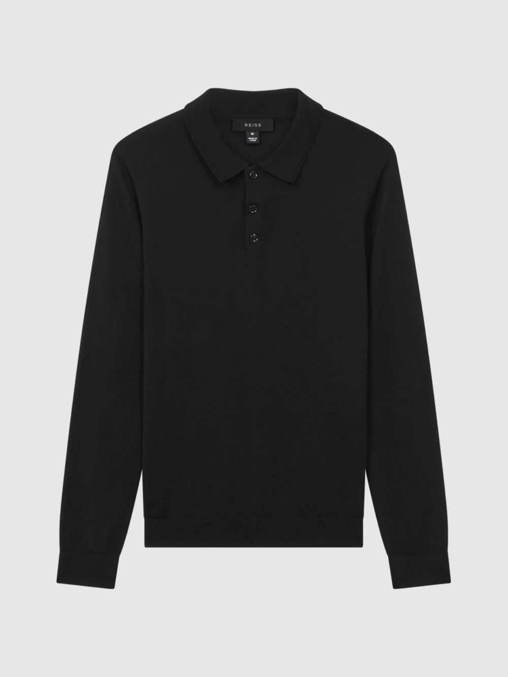Reiss Black Merino Wool Long-sleeve Polo Shirt, view 2