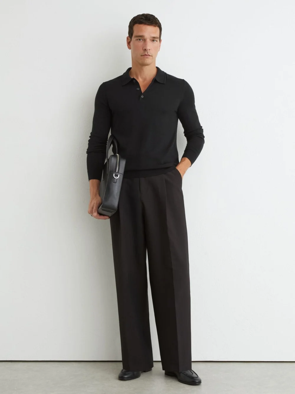 Reiss Black Merino Wool Long-sleeve Polo Shirt, view 3