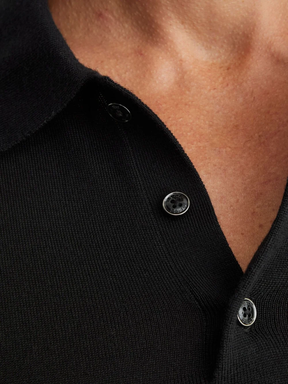 Reiss Black Merino Wool Long-sleeve Polo Shirt, view 4