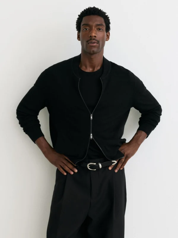 Reiss Black Merino Wool Textured Bomber Cardigan