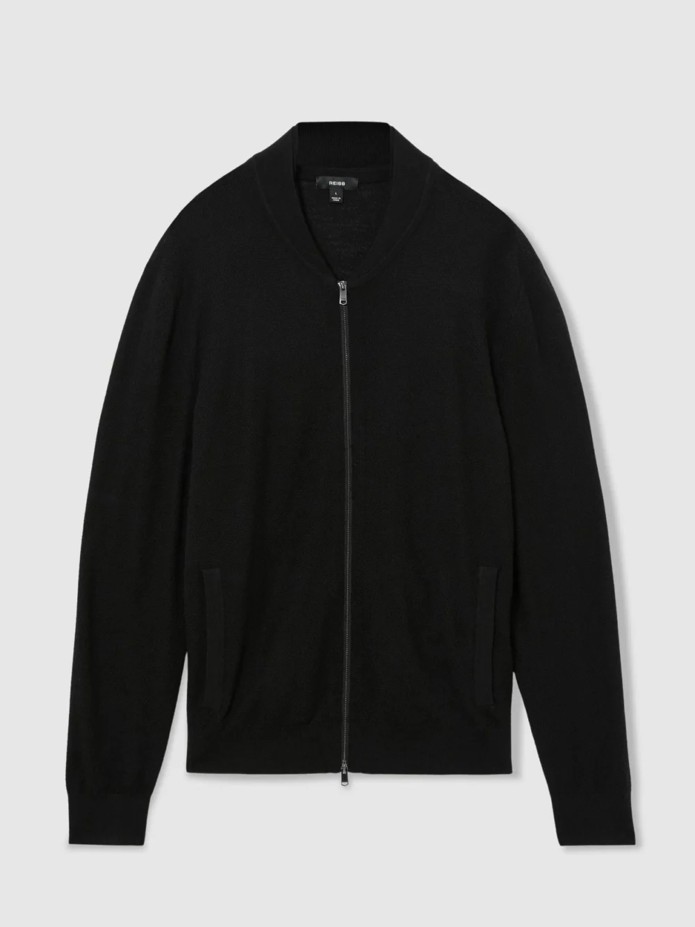Reiss Black Merino Wool Textured Bomber Cardigan, view 2