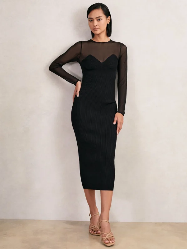 Reiss Black Mesh Rib-Knit Sweetheart Midi Dress